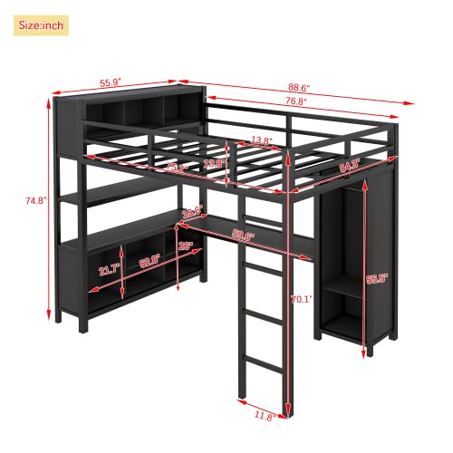 Black Full Size Metal Loft Bed with Wardrobe and L-Shaped Desk N8982