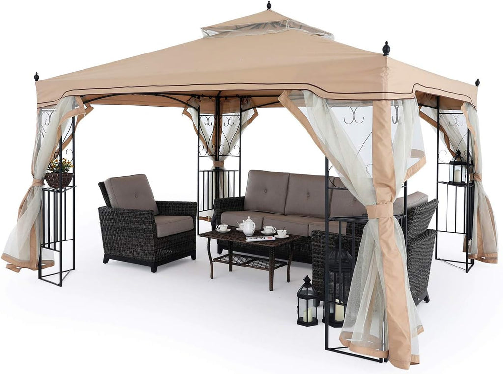 11x13 Patio Gazebo with Netting Screen Walls Beige E89969