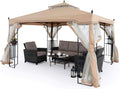 11x13 Patio Gazebo with Netting Screen Walls Beige E89969