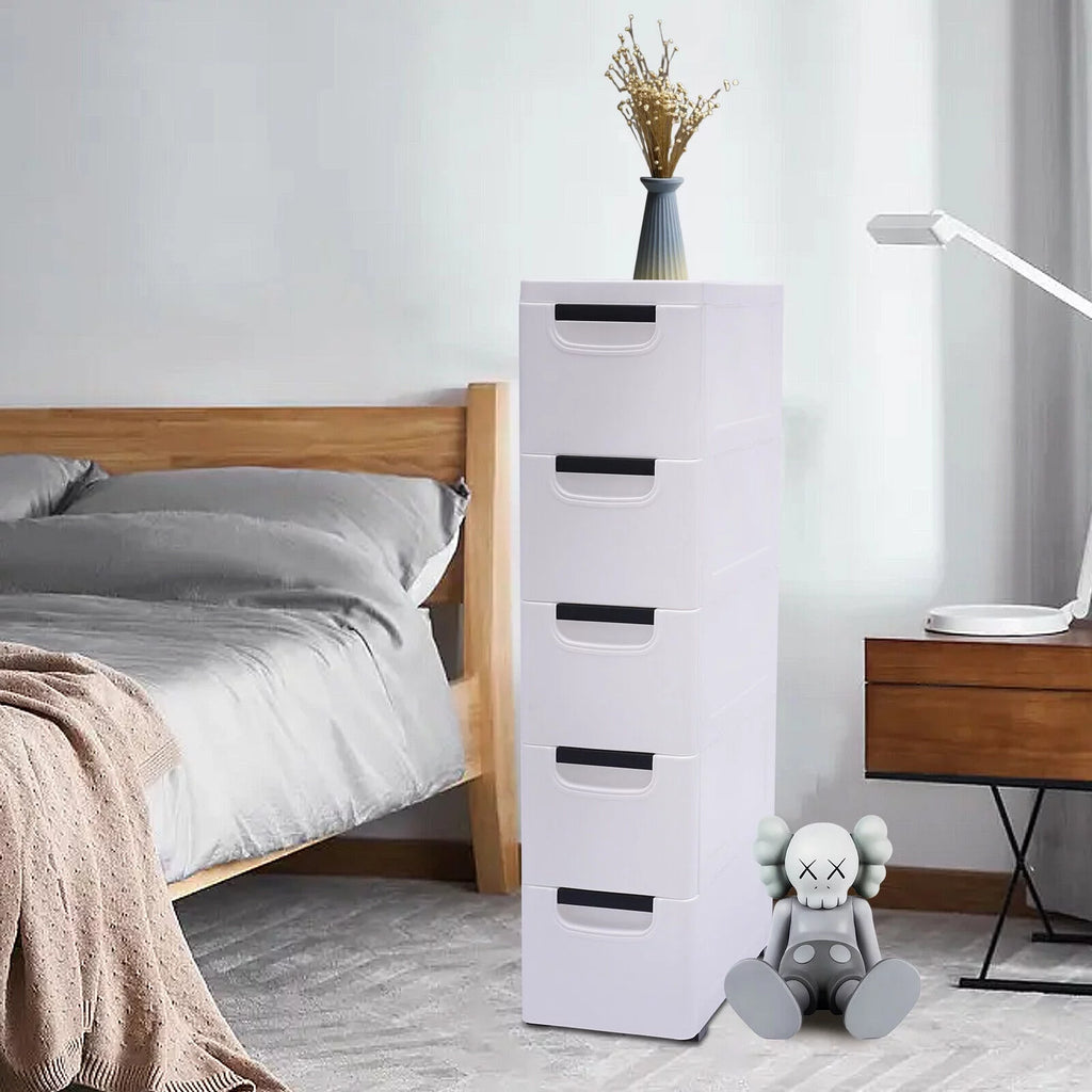 White Narrow Plastic 5 Drawer Dresser with Wheels D941