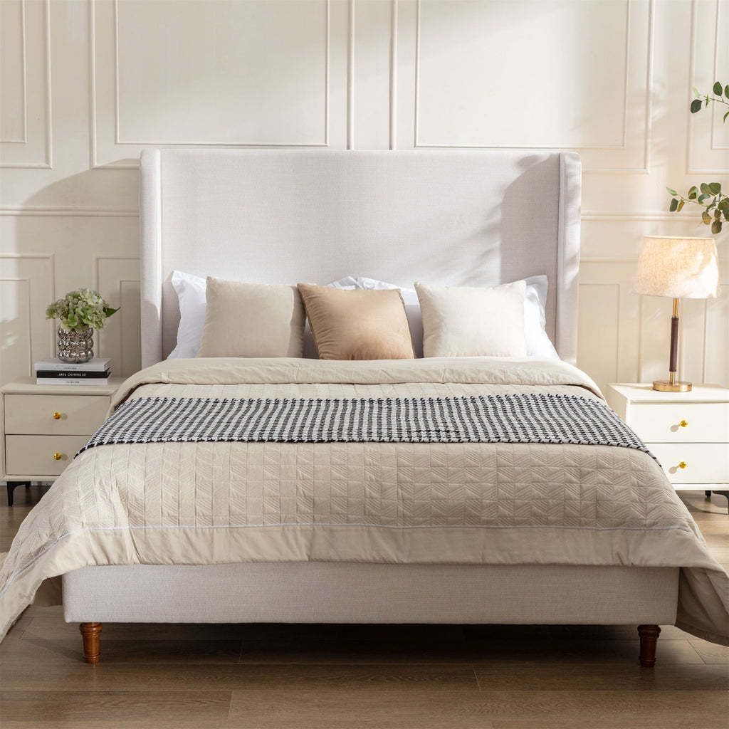 Queen Size Upholstered Platform Bed Frame with Wingback Headboard Z7406