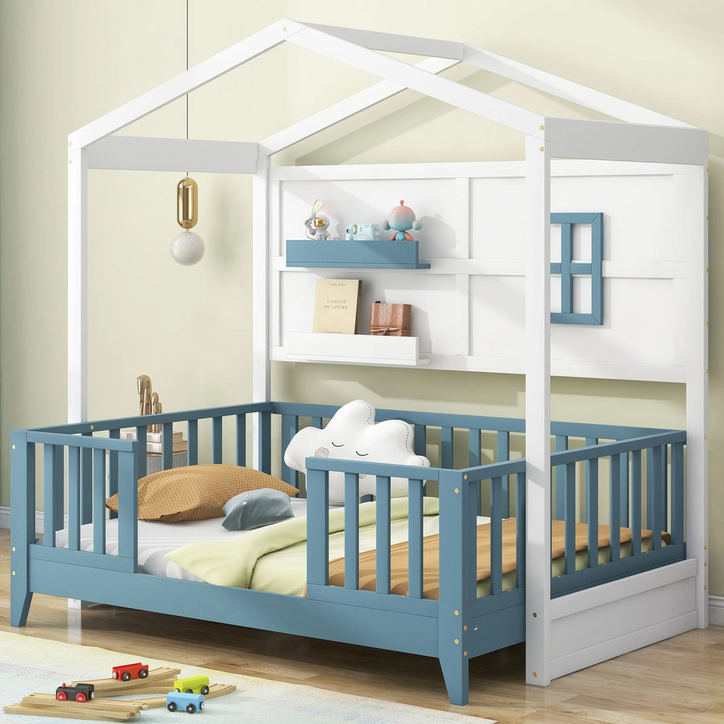 Twin Wood House Bed with 2 Shelves and Guardrail Z5449