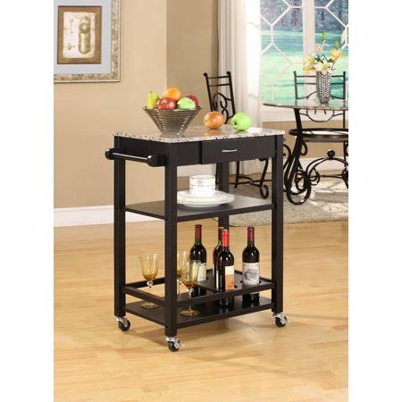 Black Marble Wood Kitchen Serving Cart with Storage Drawer & Shelves G678135