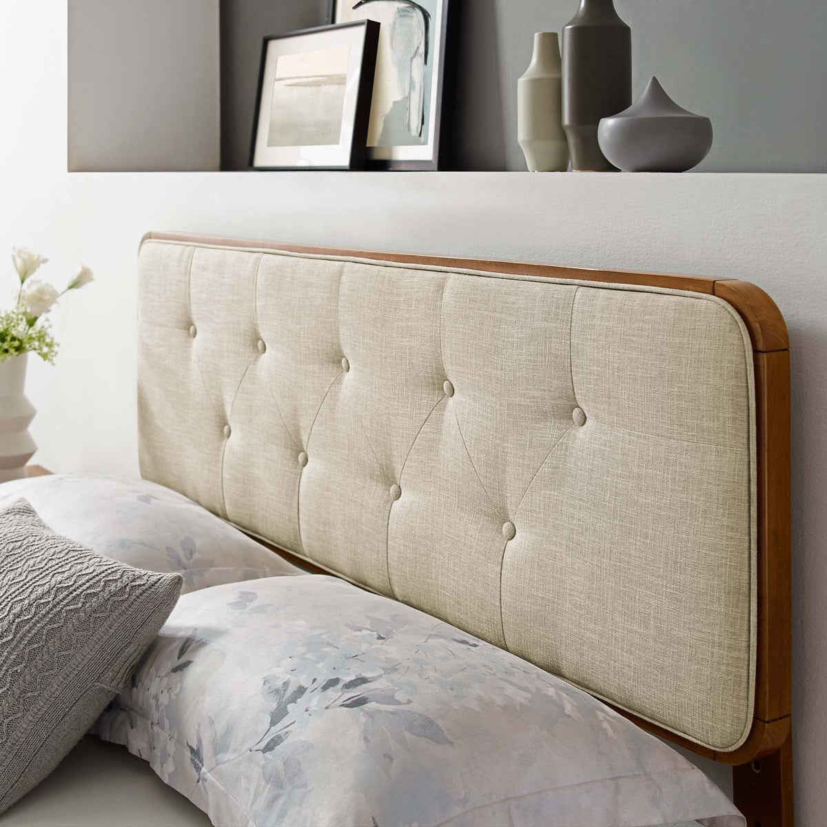 Queen Fabric and Wood Headboard in Walnut Beige Y96520