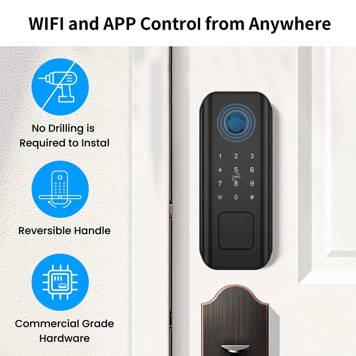 Smart Lock Fingerprint Keyless Entry Wi-Fi Deadbolt Touchscreen Keypad IP65 Waterproof Matte Black A555847