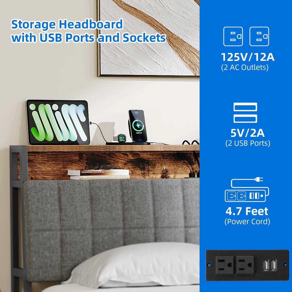 Full Size Upholstered Platform Bed Frame with Charging Station E96709