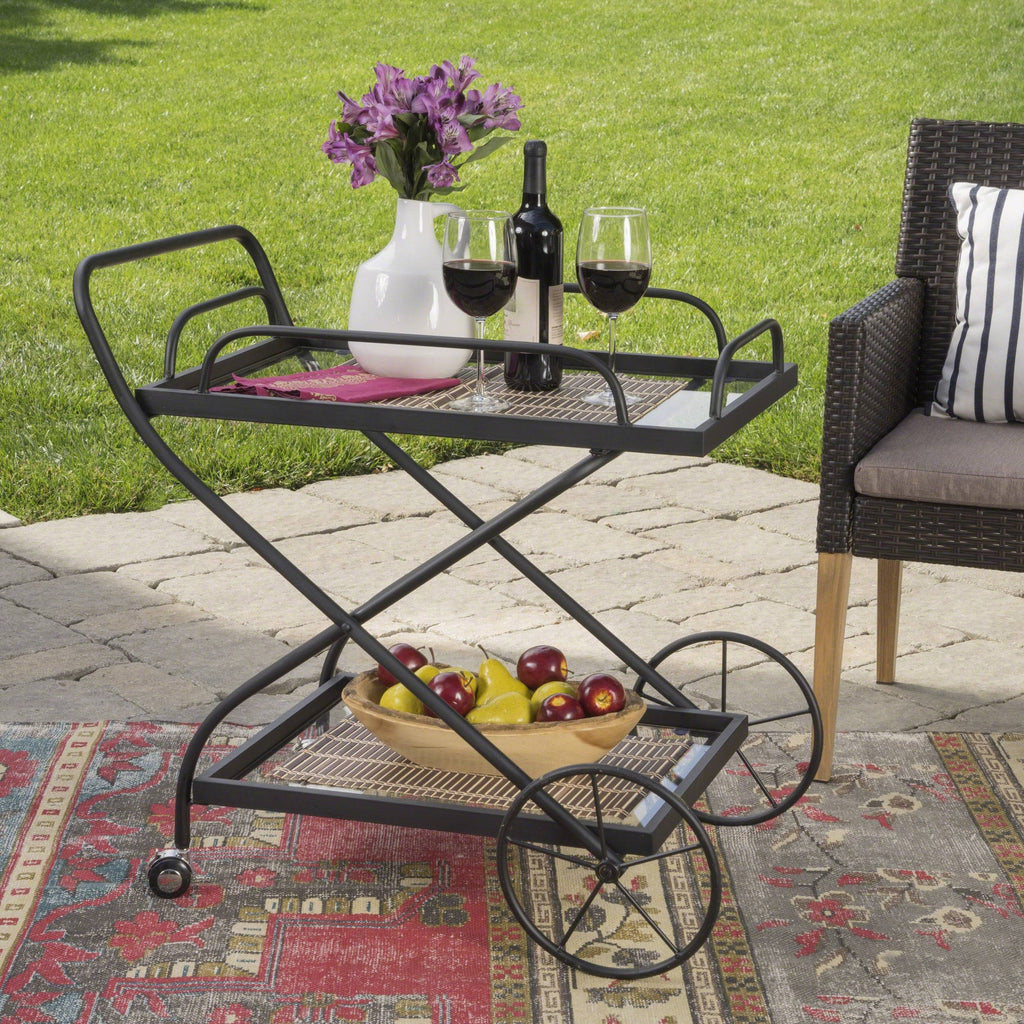 Black Iron Glass Bar Cart with Shelves I784310