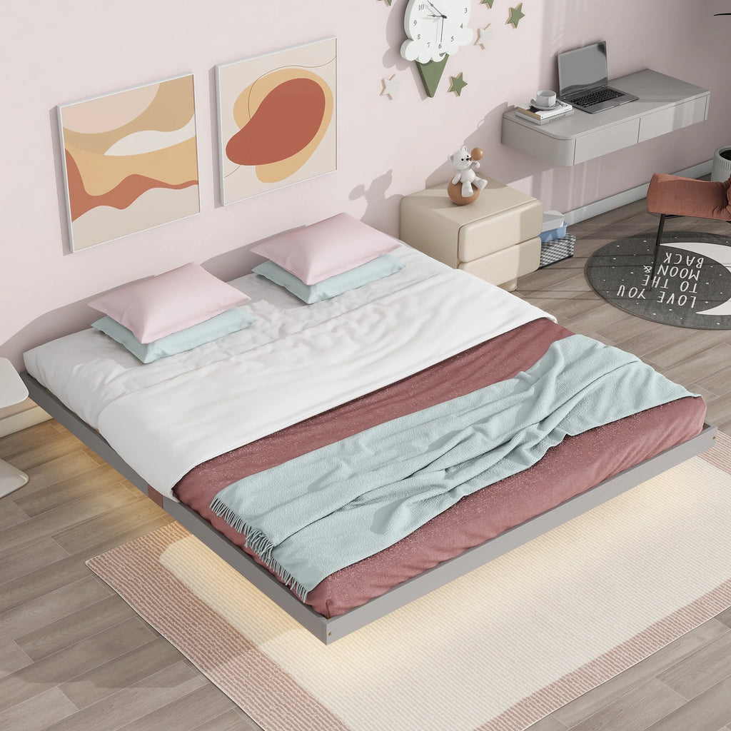 White Full Size Floating Bed Frame with LED Lights J431