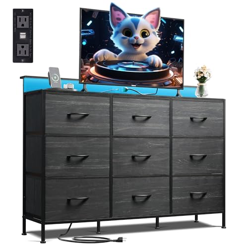 Black 9 Drawer Fabric Dresser with LED Lights and Charging Station E4963