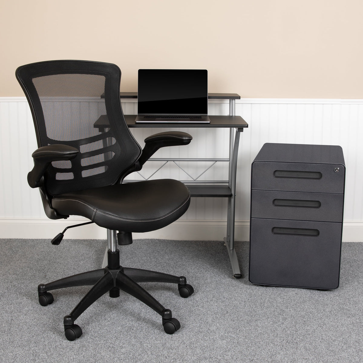 Black Computer Desk, Ergonomic Mesh Office Chair and Locking Mobile Filing Cabinet G33142