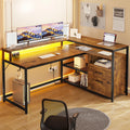 Brown L Shaped Computer Desk with LED Lights and 2 Drawers J62224