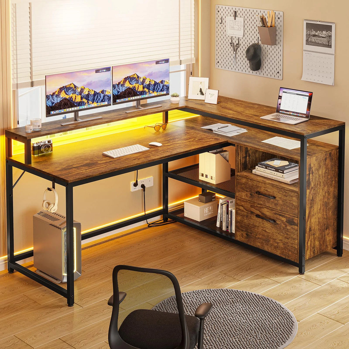 Brown L Shaped Computer Desk with LED Lights and 2 Drawers J62224