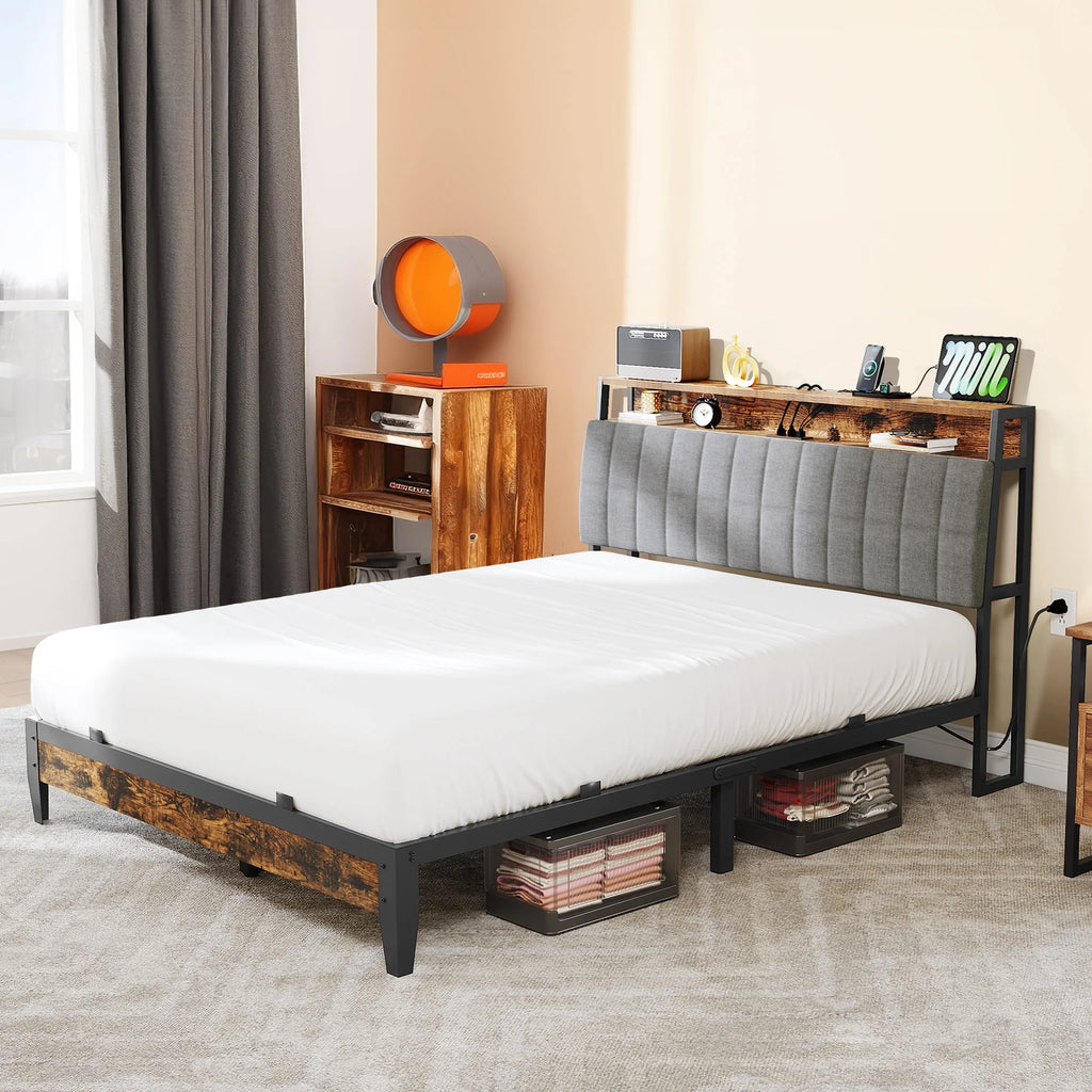 Full Size Upholstered Platform Bed Frame with Charging Station E96709