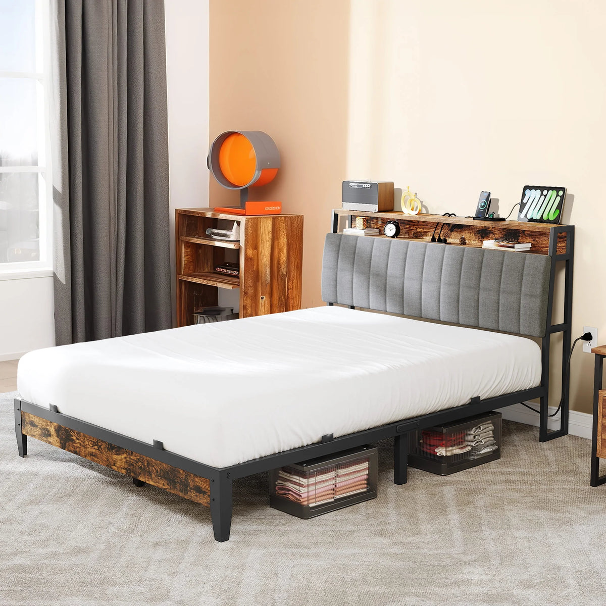 Full Size Upholstered Platform Bed Frame with Charging Station E96709