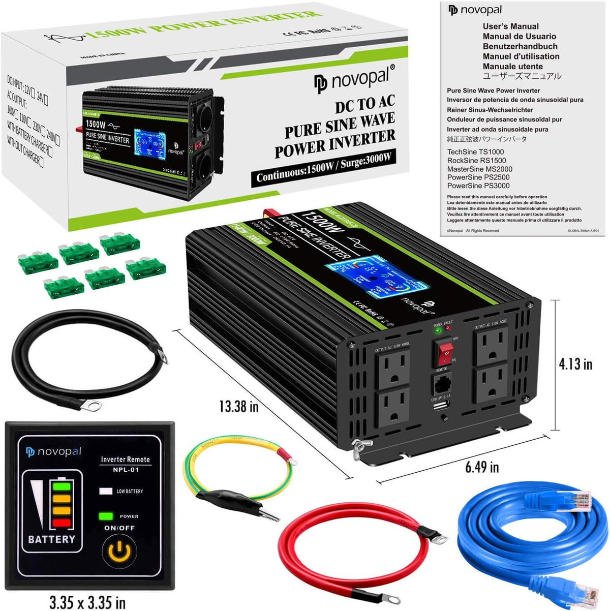 1500 watt Pure Sine Wave Power Inverter 12V to 110V/120V 4 AC Outlets X802