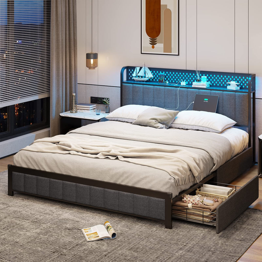 Queen Size Upholstered Platform Bed with LED Headboard and 4 Drawers L27831