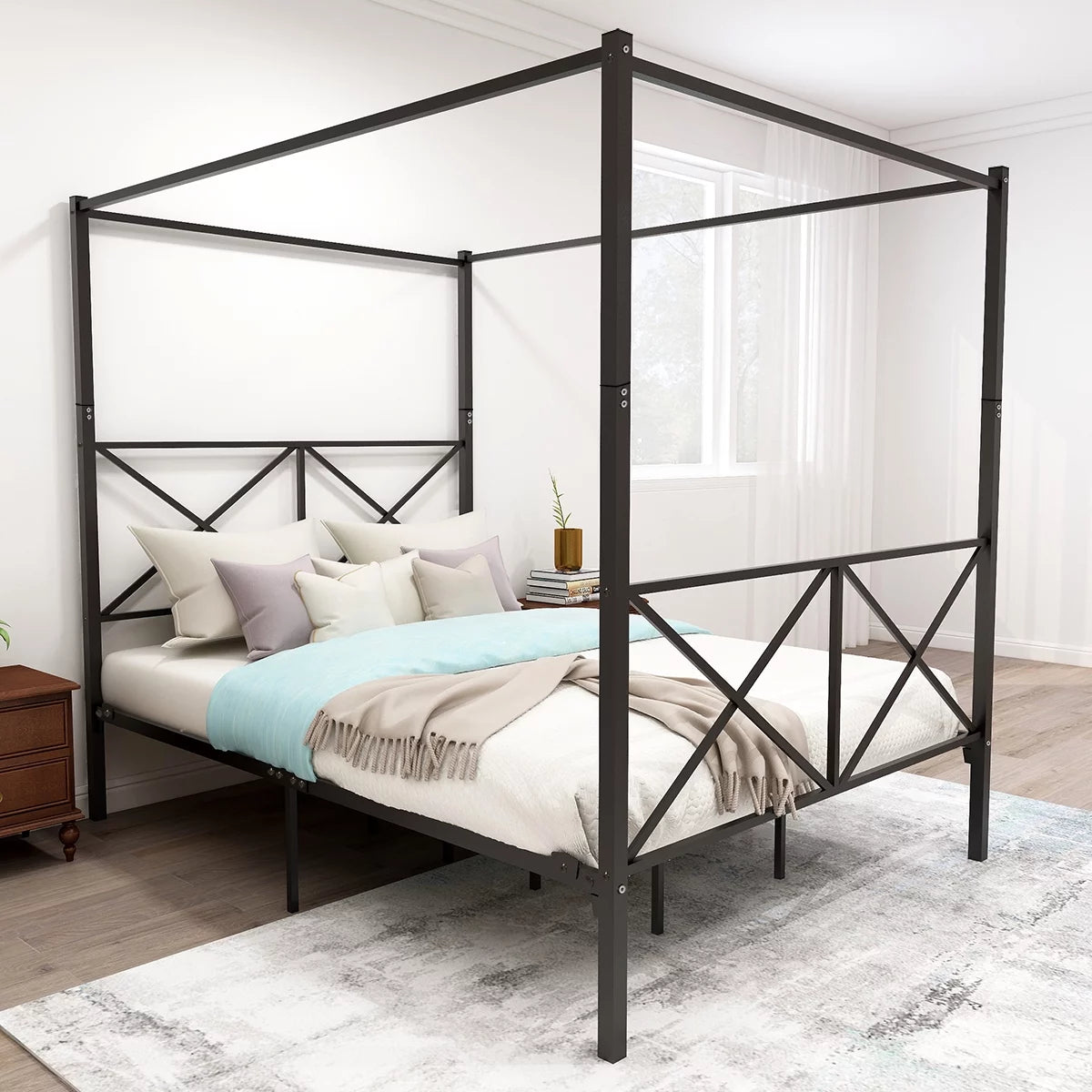 Queen Black Metal Canopy Platform Bed Frame R255