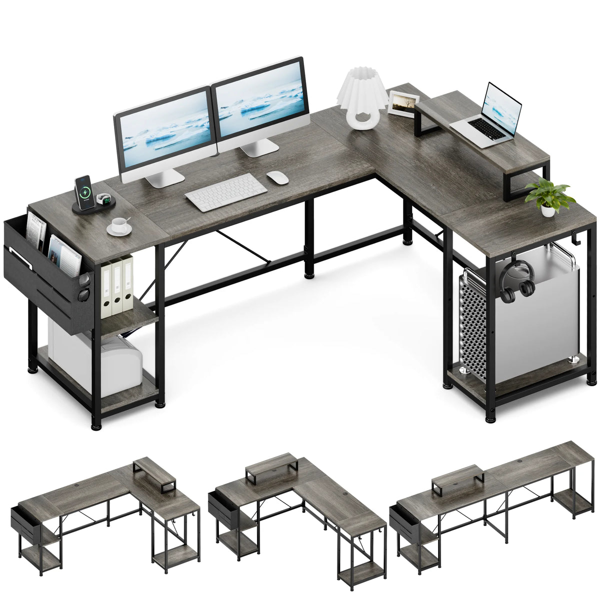 95" Grey Reversible L-Shaped Wood & Metal Computer Desk J1919