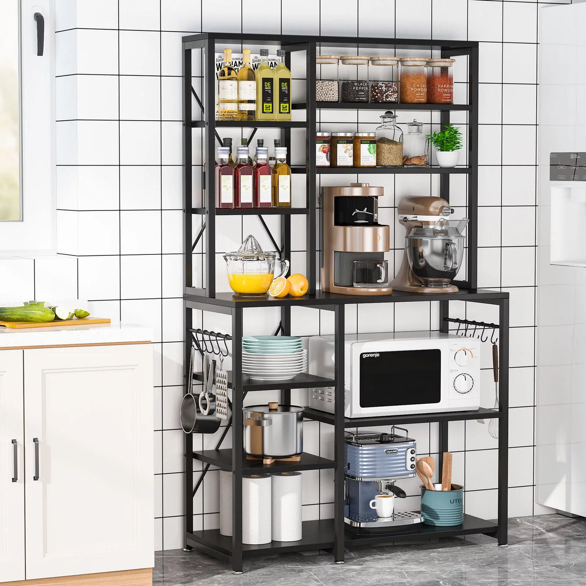 Black Kitchen Bakers Rack with Hutch M794448