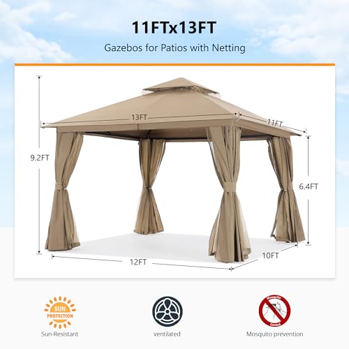 Dark Grey 9x9 Double Roof Patio Gazebo with Mosquito Netting and Curtain T171091