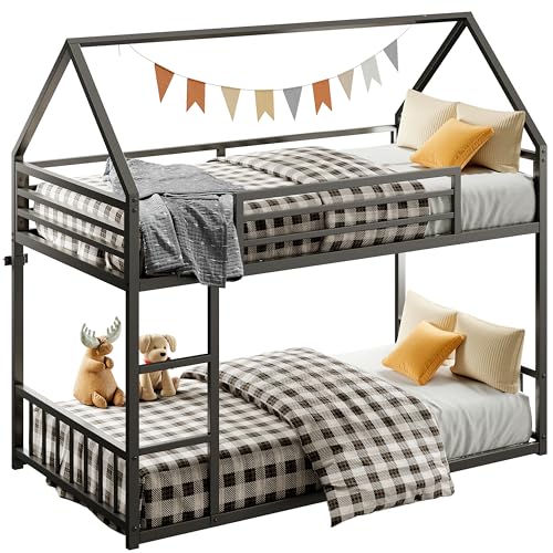 Twin Over Twin Bunk Bed with Ladder and Guardrail Black X638283