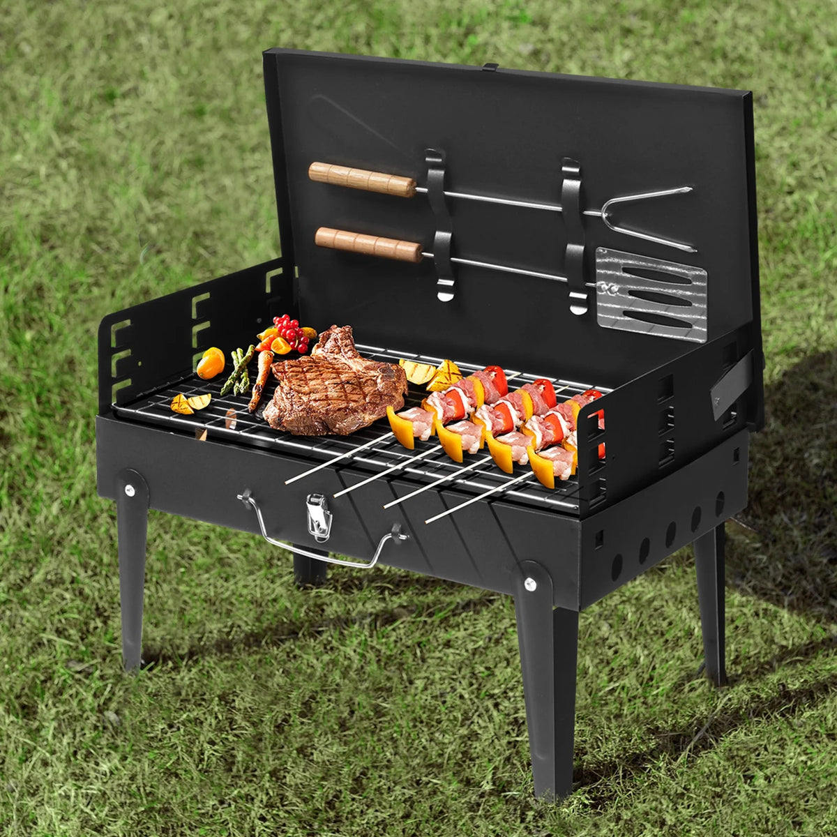 Portable Square Charcoal Grill with Fork and Shovel, Black O4999