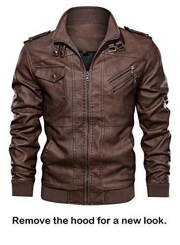 Stand Collar Faux Leather Zip-Up Bomber Jacket with Removable Hood Q502502