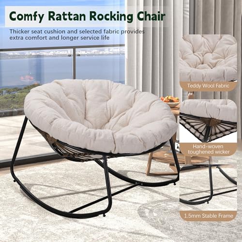 Oversized Wicker Rocking Chair with Beige Cushion R571