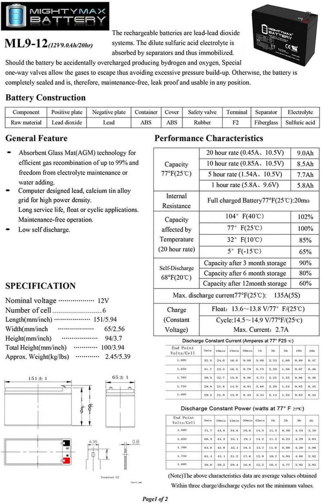 12V 9AH SLA AGM Battery Y608