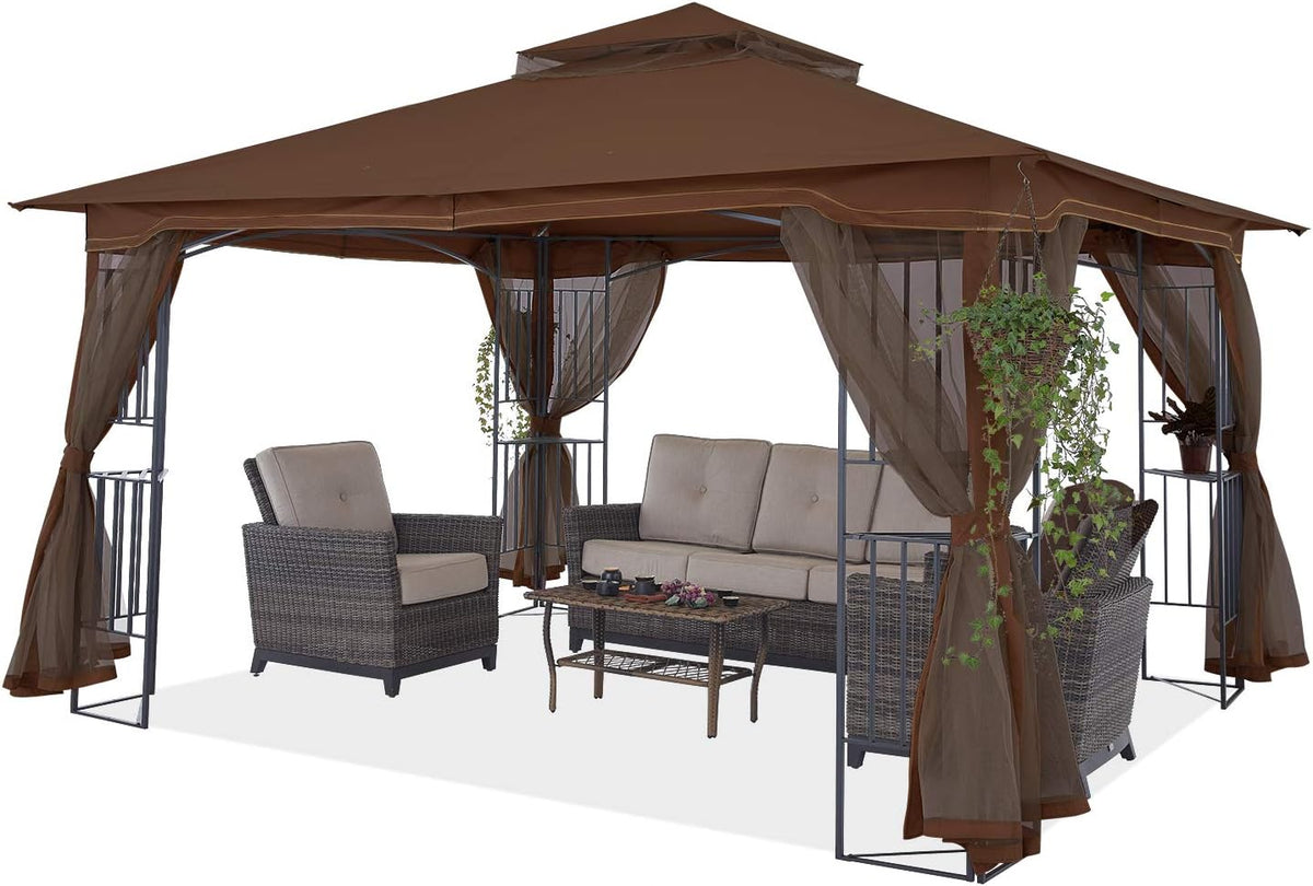 11x13 Patio Gazebo with Netting Screen Walls Beige E89969