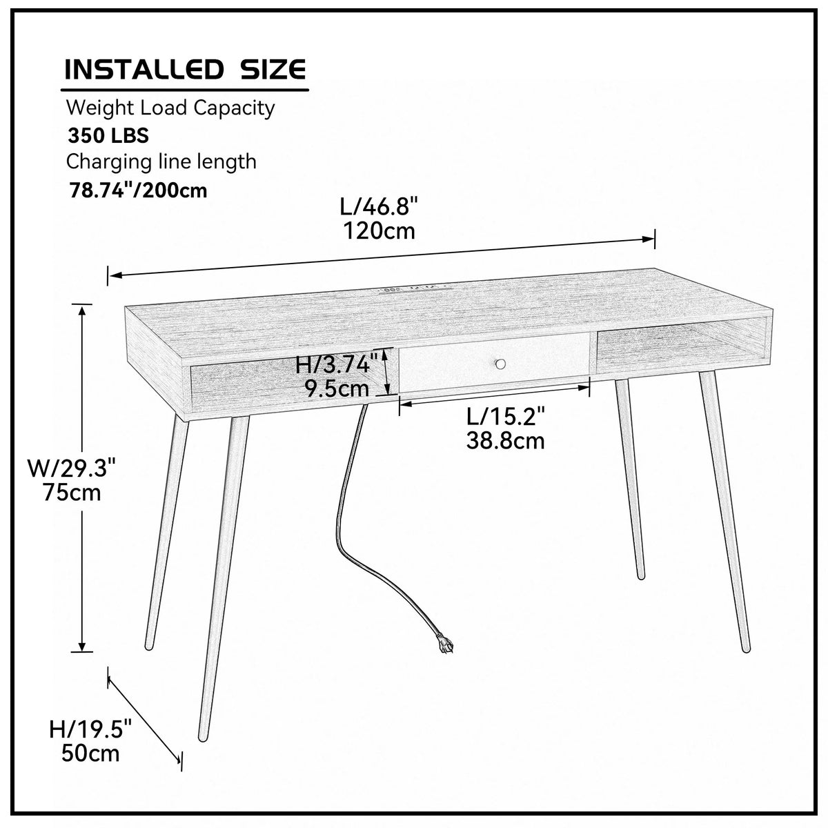 Black Writing Desk with Power Outlet and Drawer T559635