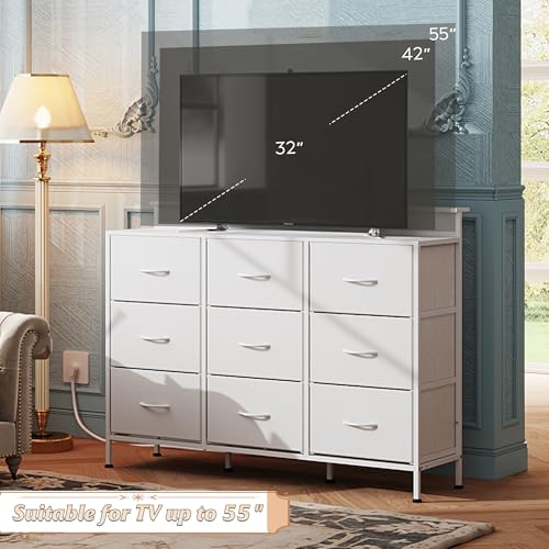 Black 9 Drawer Fabric Dresser with LED Lights and Charging Station E4963