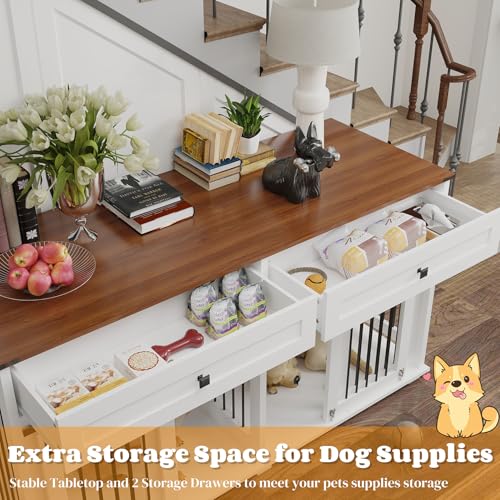 White Wooden Dog Crate Furniture with 2 Storage Drawers I65319