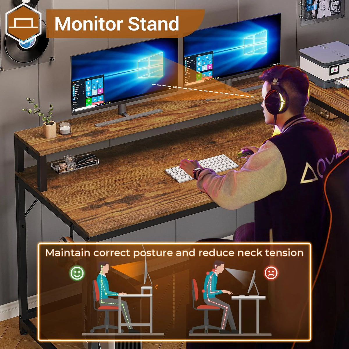 Brown L Shaped Computer Desk with LED Lights and 2 Drawers J62224