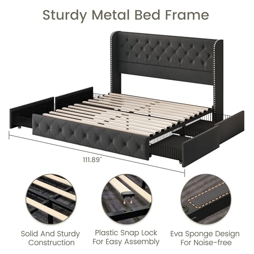 King Size Linen Upholstered Bed Frame with 4 Storage Drawers G846