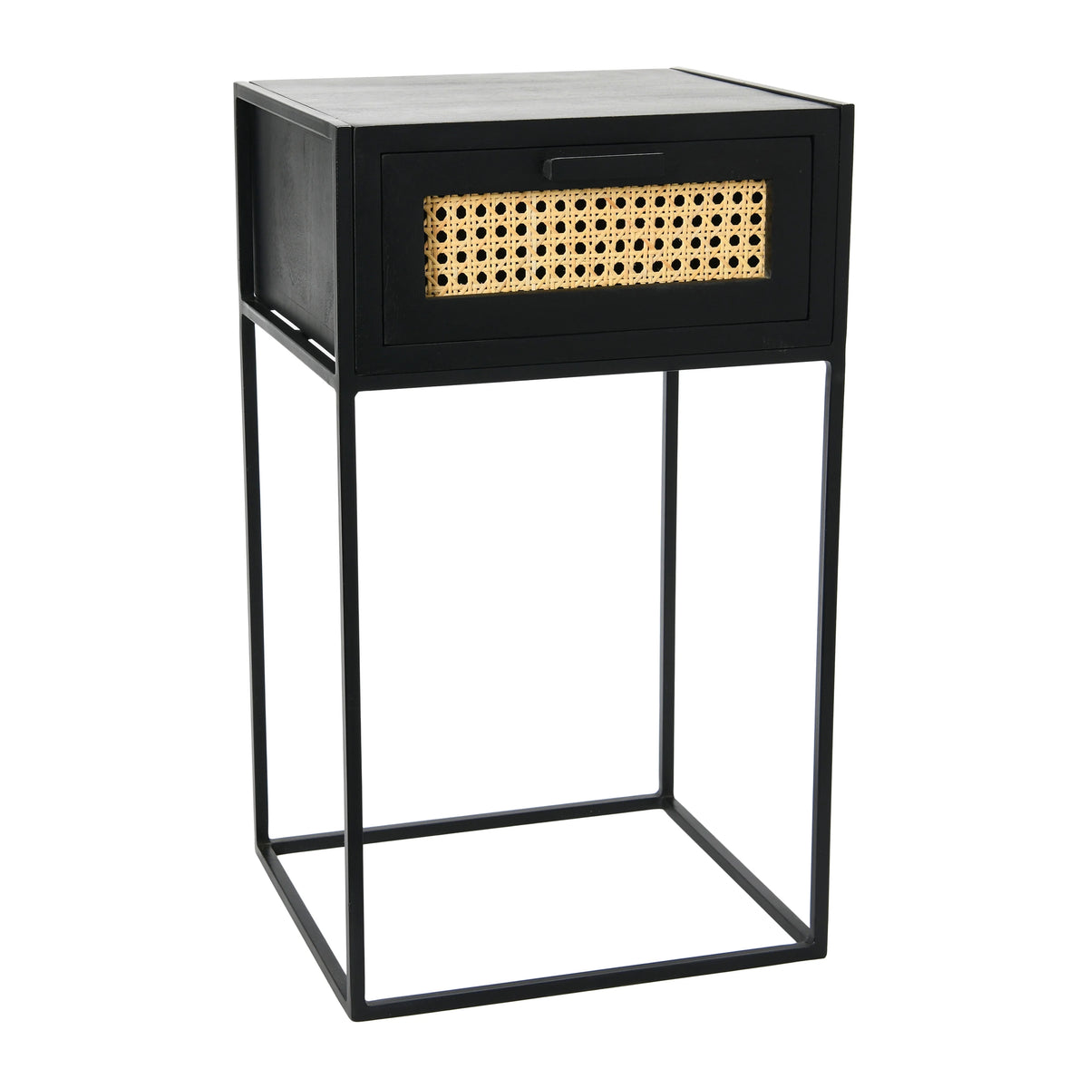 Metal & Mango Wood End Table or Nightstand with Woven Cane Drawer Front M40002
