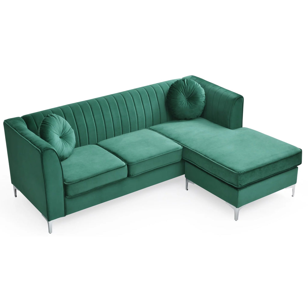 Green Velvet L-Shape 3-Seater Sectional Sofa with 2-Throw Pillow N905144