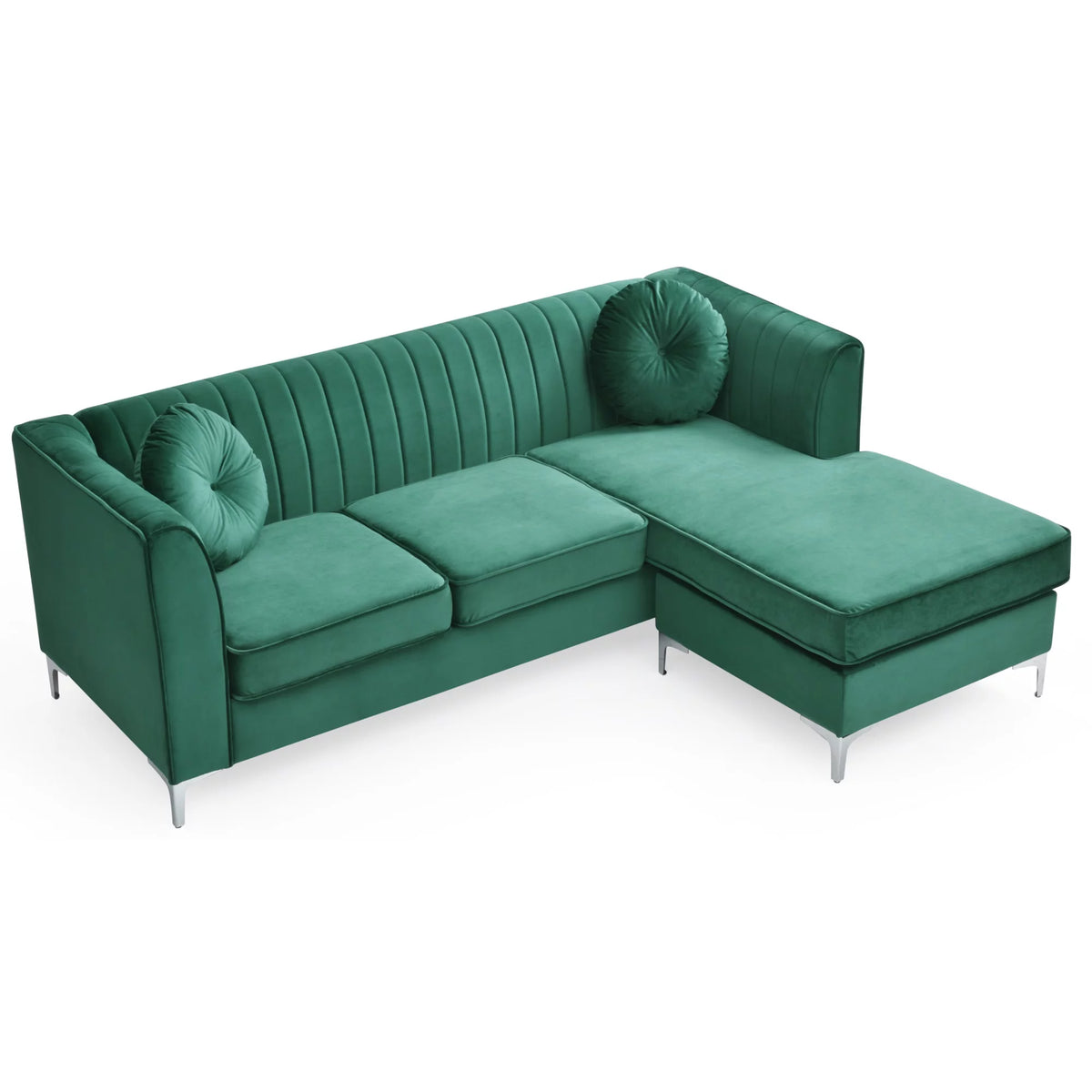 Green Velvet L-Shape 3-Seater Sectional Sofa with 2-Throw Pillow N905144