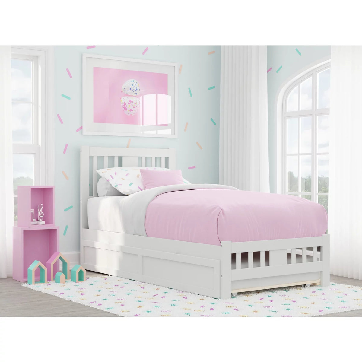 White Wood Twin Bed with Trundle D224360