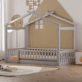 Gray Twin Wood Floor Bed Frame with Fence Guardrails and House Roof F865799
