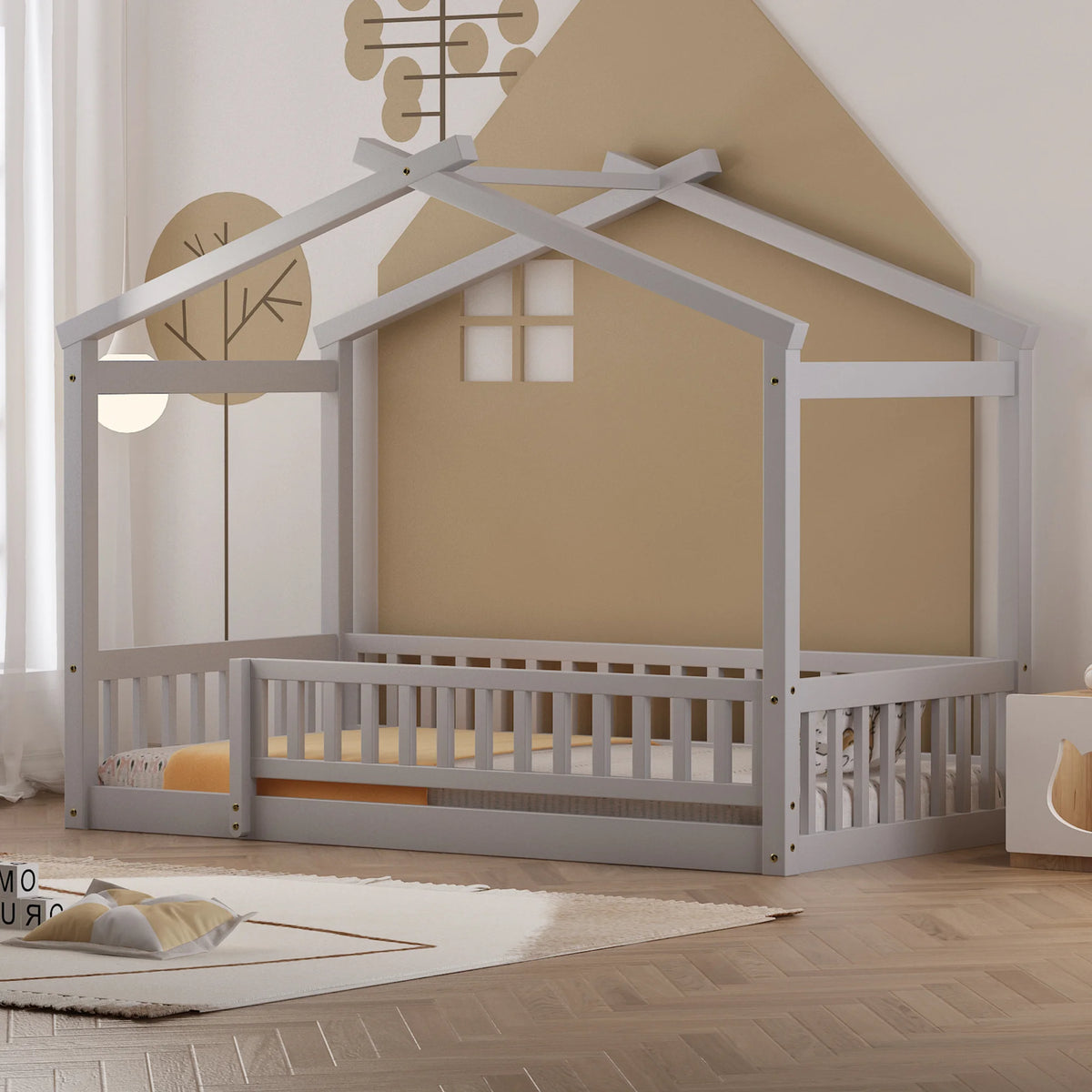 Gray Twin Wood Floor Bed Frame with Fence Guardrails and House Roof F865799