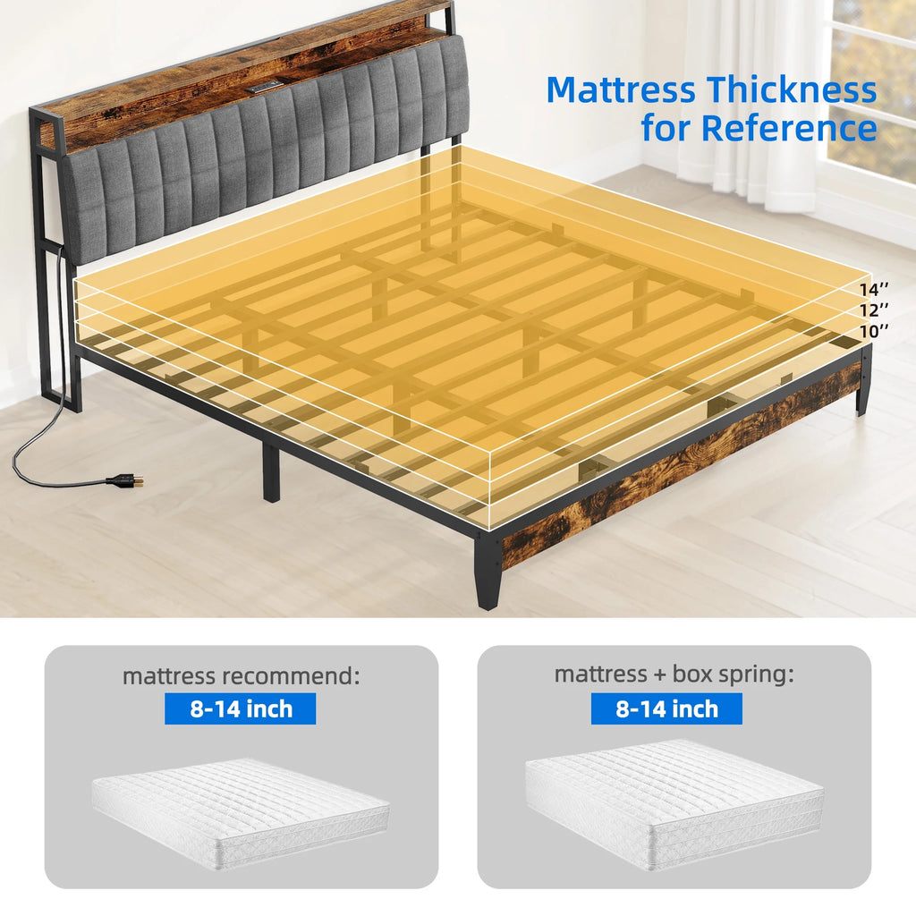 Full Size Upholstered Platform Bed Frame with Charging Station E96709