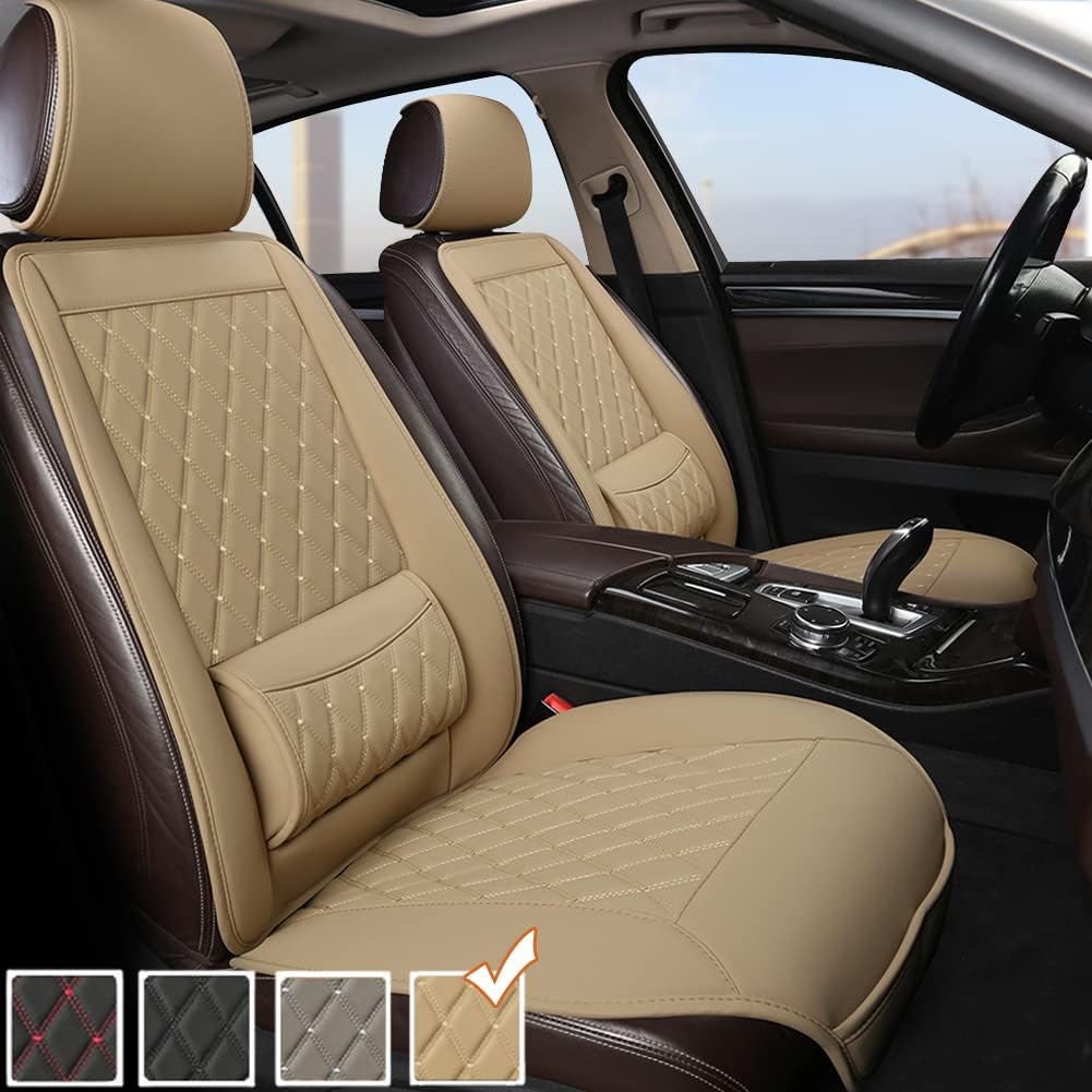 Beige PU Leather Car Seat Covers with Lumbar Support G94434