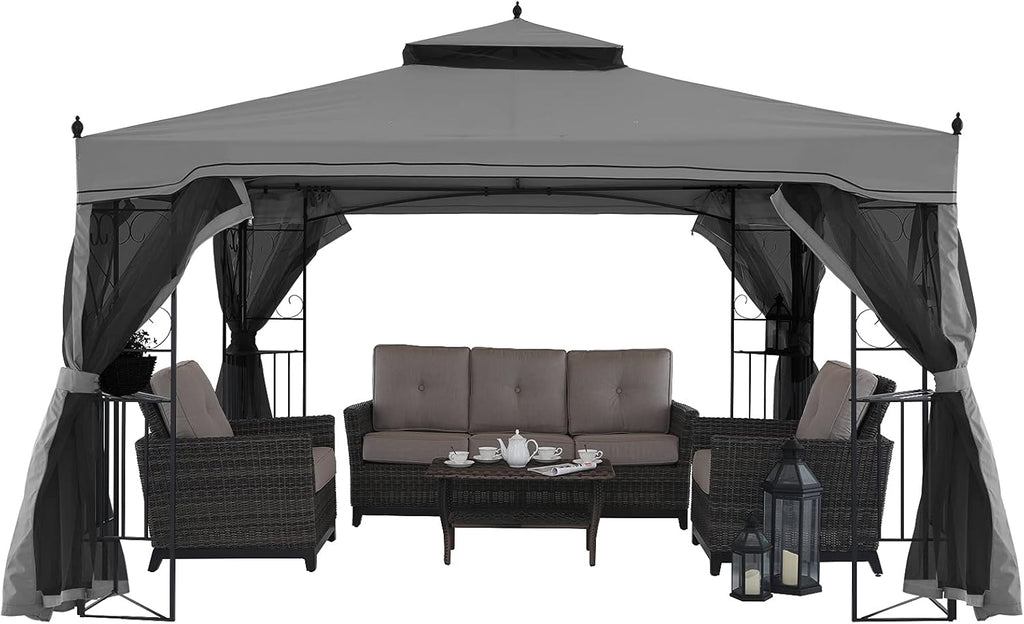 11x13 Patio Gazebo with Netting Screen Walls Beige E89969
