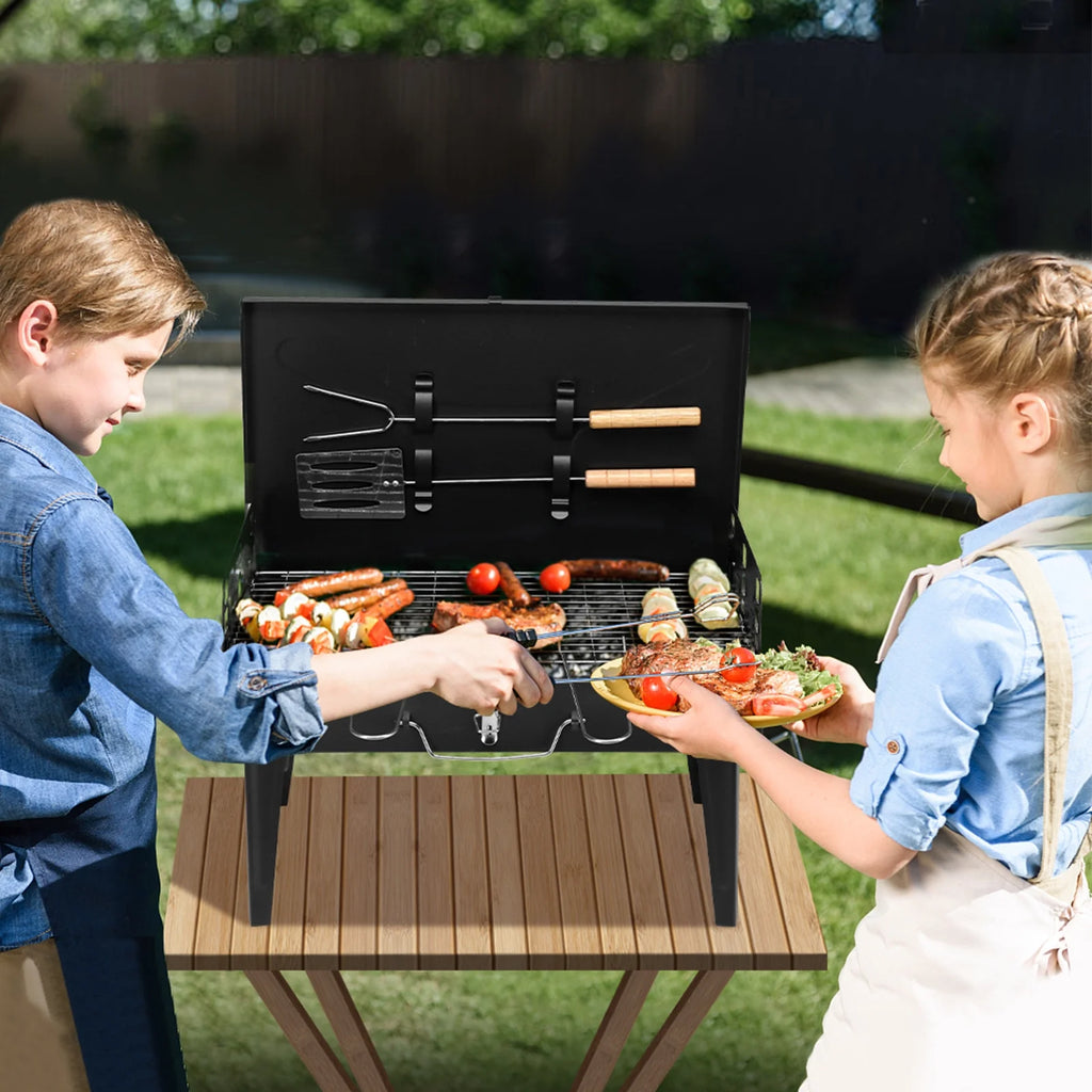 Portable Square Charcoal Grill with Fork and Shovel, Black O4999