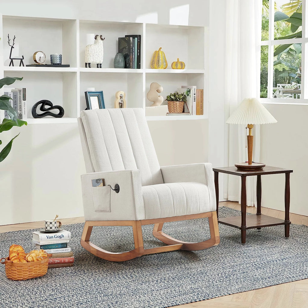 Mid-Century Rocking Nursery Chair with USB Ports and Storage Pockets H962