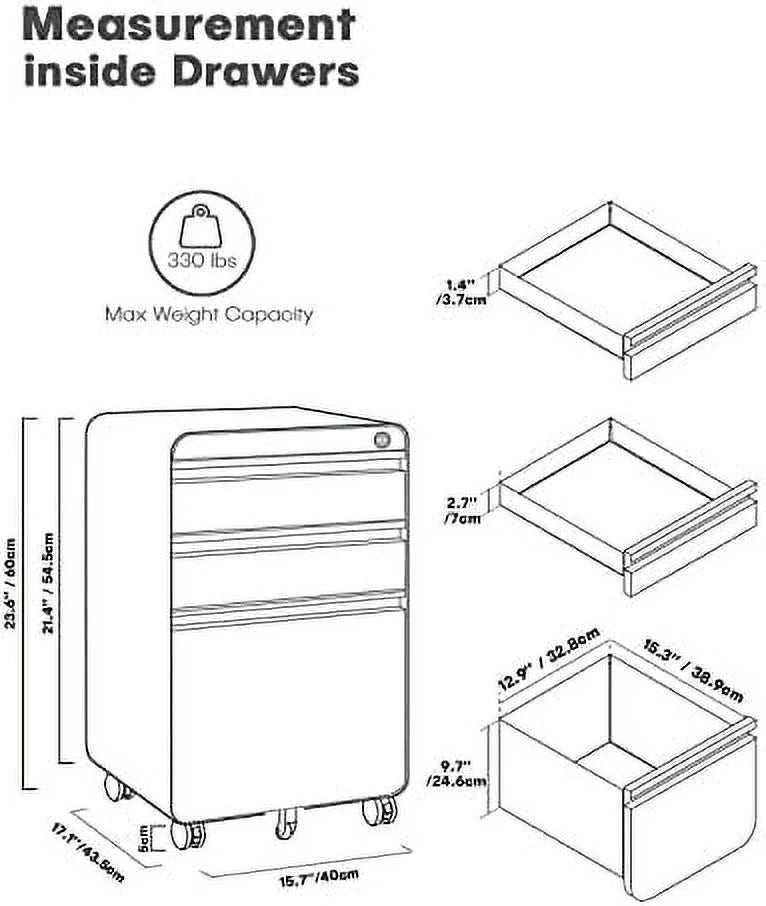 3 Drawer Metal File Cabinet with Lock Wheels Y8693
