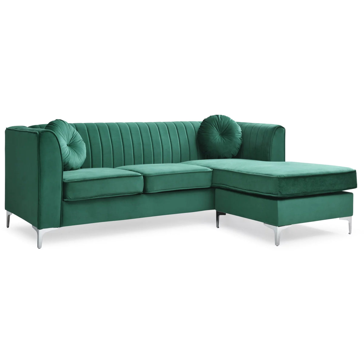 Green Velvet L-Shape 3-Seater Sectional Sofa with 2-Throw Pillow N905144