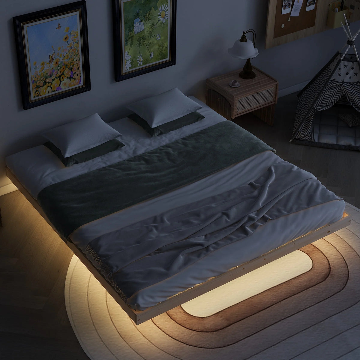 White Full Size Floating Bed Frame with LED Lights J431