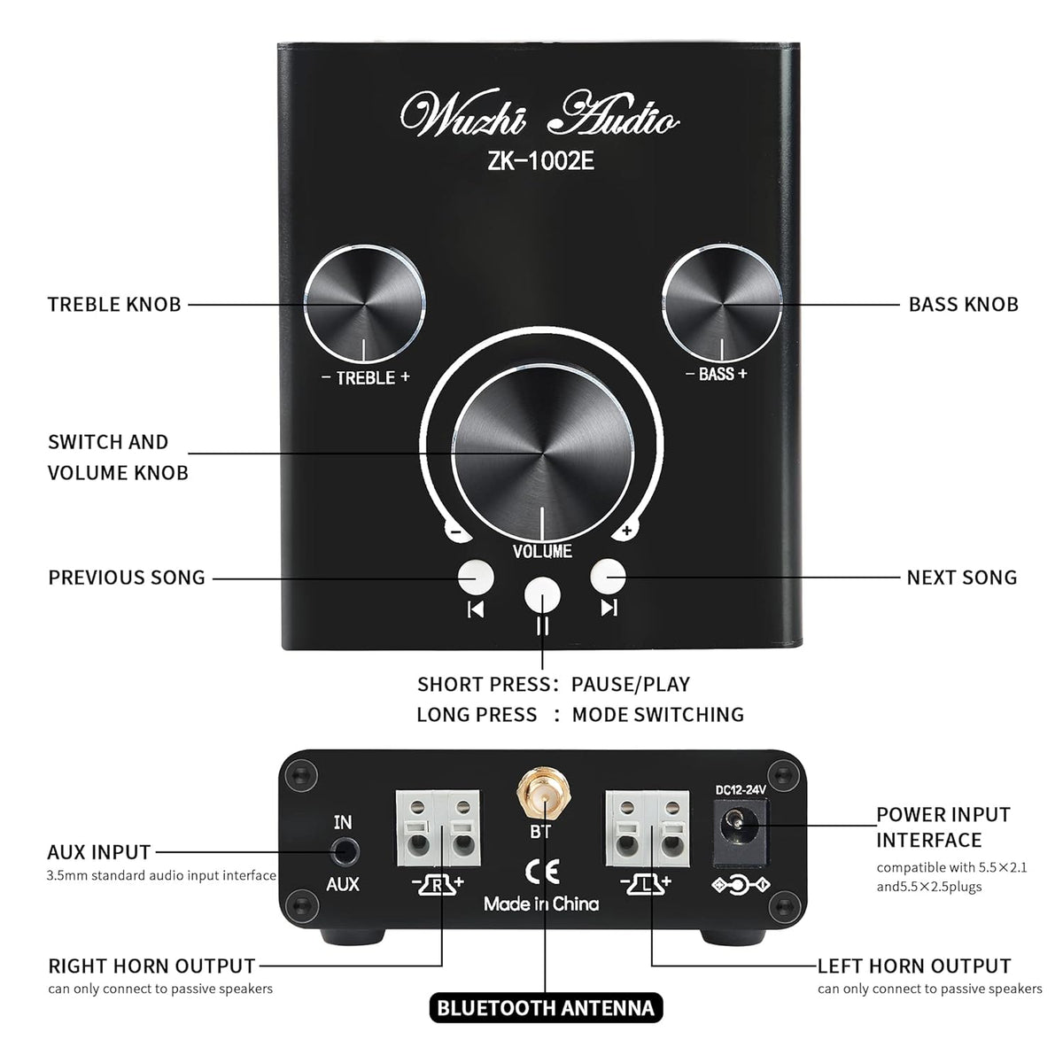 100W+100W Stereo Audio Amplifier with Bluetooth and AUX Inputs E8510